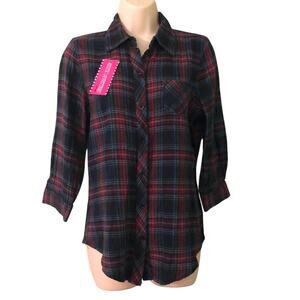 Rustic Outfitter Plaid Flannel Fitted Blouse Juniors Size Large 3/4 Sleeves